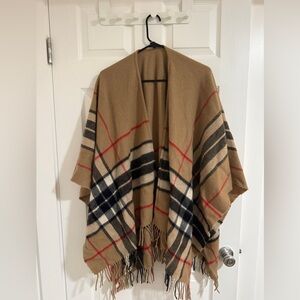 Plaid Tan Poncho with Fringe